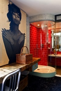 bathroom with red tile