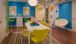 basement remodel with bright colors