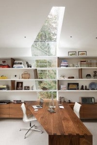 Modern home office with walnut desk