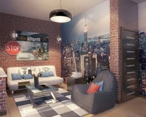 living space with brick wall