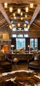 Rustic mancave with wood and fur rugs