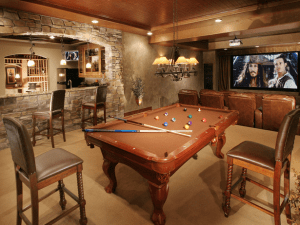 Game room home theater with bar